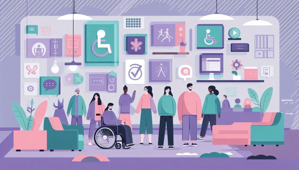 Graphic illustration of a diverse group of people with purple background and universal design icons