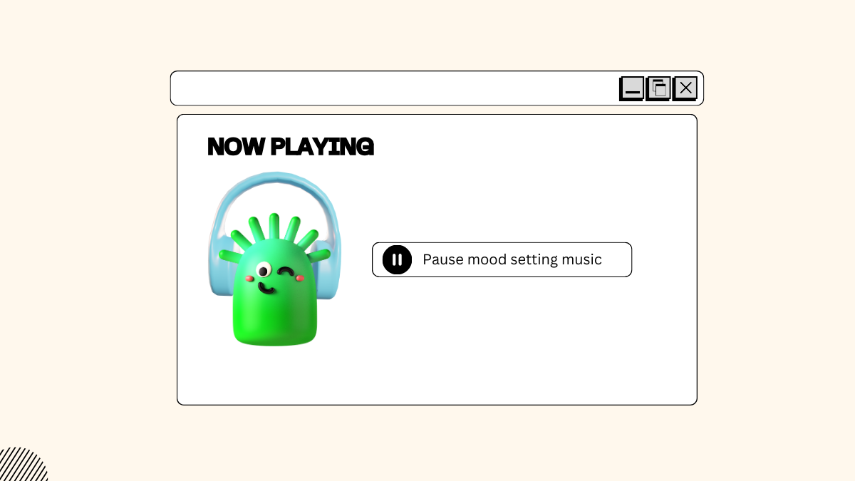  A website that shows a 3d image of a cute green monster wearing headphones. In the middle of the screen is a big pause button that says, "Pause mood-setting music."