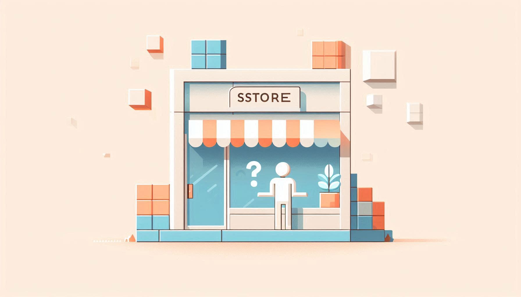 A brutalist-style storefront. A confused customer stands outside, unable to enter.