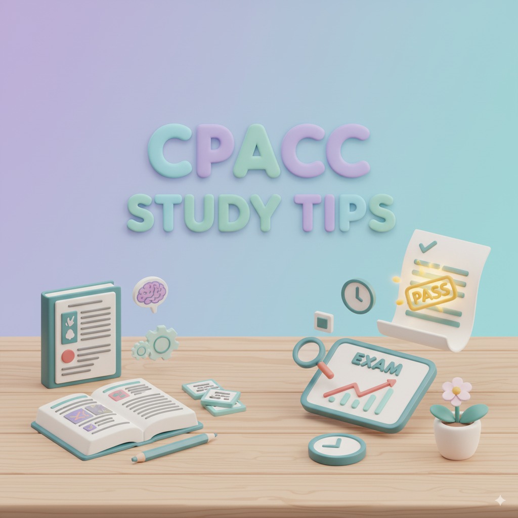 3d illustration of a book and a green check sign with the title: CPACC Study Tips