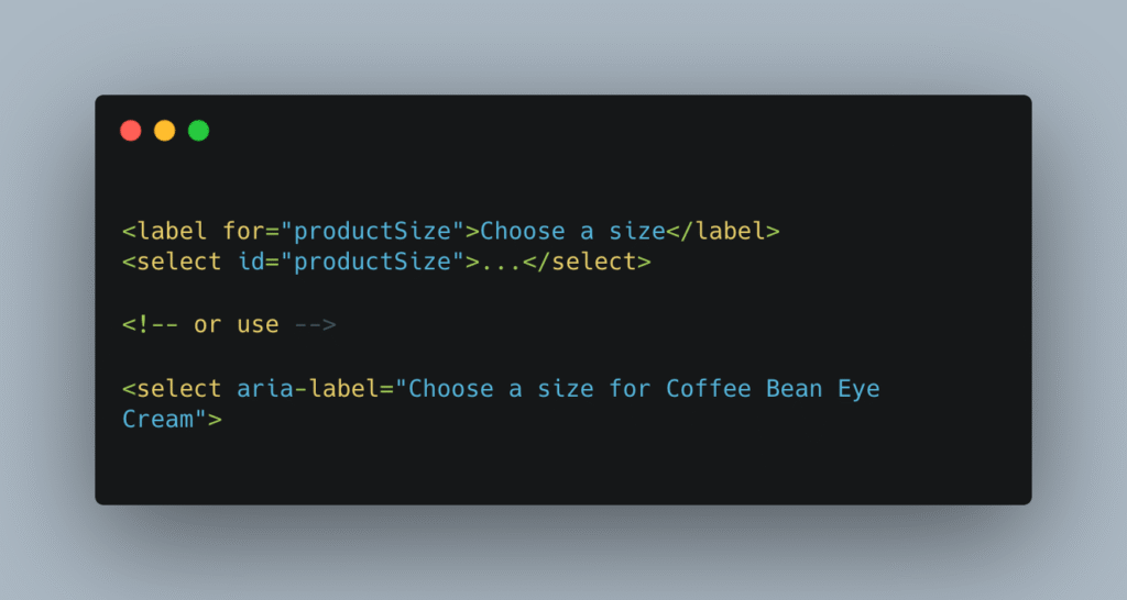 Code snippet of a label for and a select attribute in html.