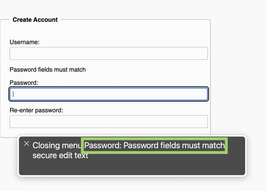 A good example of accessible form instructions for the password field being read by a voiceover.