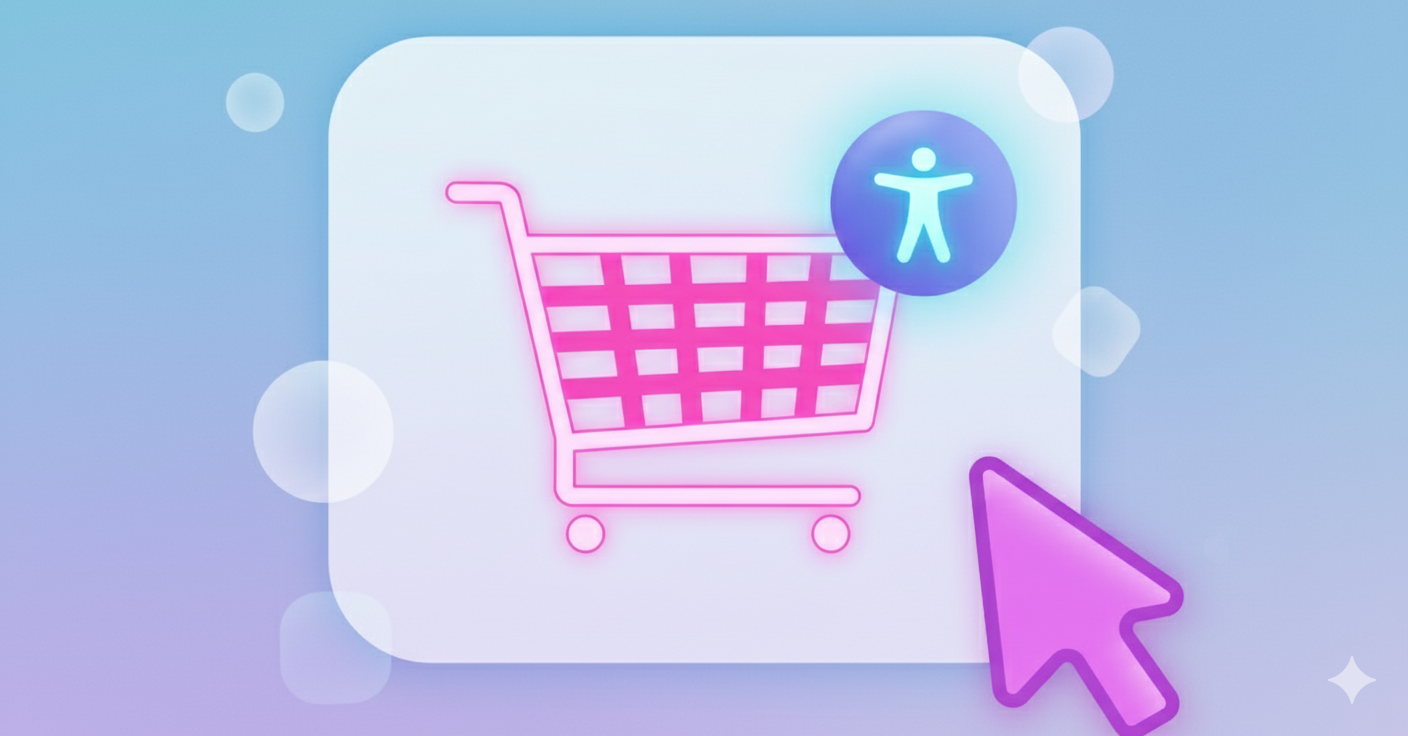 A stylized 3D shopping bag with an e-commerce site design and a prominent accessibility icon.
