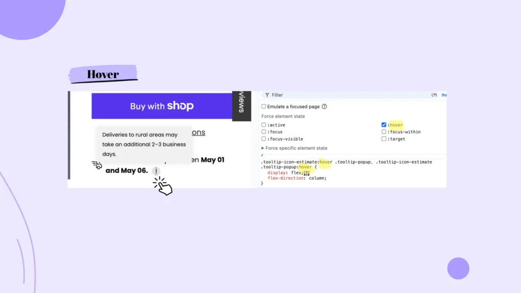 CSS showing tooltip triggered only by hover selector with no focus equivalent; e-commerce accessibility code failure